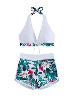 GORGLITTER Damen Bikini Bauchweg Set mit Short Tropisch Badeanzug Boho Strandmode 2-teilliger Swimmsuit mit Tropenmuster Weiß L von GORGLITTER