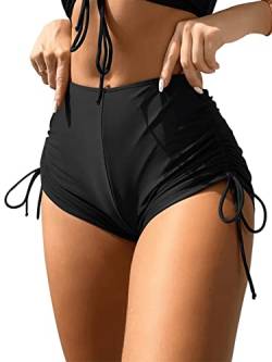 GORGLITTER Damen Bikinishorts Bikini Höschen Bikini-Unterteil High Waist Bikinihose Bikini Bottoms Badehose mit Schnürzug Schwarz L von GORGLITTER