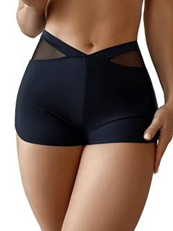 GORGLITTER Damen Bikinishorts Bikini Höschen Bikini-Unterteil Hoher Ausschnitt Bikini Bottoms Badehose mit Kontrast Netzstoff Schwarz M von GORGLITTER