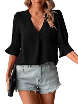 GORGLITTER Damen Bluse Volant Ärmel Oberteil V Ausschnitt Tops Casual Chiffonbluse mit Rüschen Schwarz XL von GORGLITTER