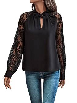 GORGLITTER Damen Blusen Elegant Spitzen Raglanärmel Oberteil Hemdbluse Langarmshirt mit Spitzen Schwarz S von GORGLITTER