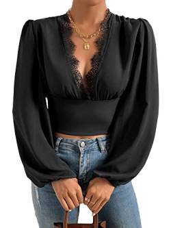 GORGLITTER Damen Blusen Tief V-Ausschnitt Tunika Bluse Elegant Hemdbluse Langarm Bauchfrei Oberteile mit Wimpernspitzen Schwarz XS von GORGLITTER