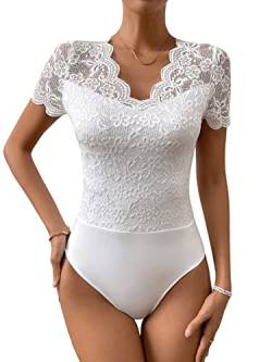 GORGLITTER Damen Body Durchsichtig Spitzen Bodysuit mit Muscheln Oberteil Spitzenbody Party Bodys Schmal T-Shirt V-Ausschnitt Weiß M von GORGLITTER