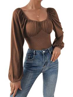 GORGLITTER Damen Body Elegant Bodys Laternenärmeln Bodysuit Herzausschnitt Oberteil Blusebody Schmal Tops mit Rüschenbüste Kaffeebraun M von GORGLITTER