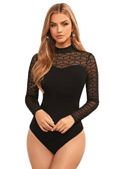 GORGLITTER Damen Body Langarm Elegant Mesh Bodysuit Strass Body Sexy Langarmbody String Damenbodys Mit Stehkragen Schwarz XL von GORGLITTER