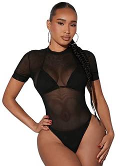 GORGLITTER Damen Body Transparentem Netz Bodysuit Party Outfit Bodys Meth Oberteil Schmal Tops ohne BH Set Schwarz L von GORGLITTER