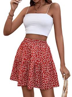 GORGLITTER Damen Boho Rock Geblümt Sommerkleid Rockabilly Kurz Röcke Strandrock Casual Shortrock Minirock Rot und Weiß S von GORGLITTER