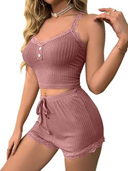 GORGLITTER Damen Cami Schlafanzug Set Bauchfrei Spaghettiträger Crop Top und Short Sets Sommer Pyjama Lounge Set mit Spitzen Altrosa M von GORGLITTER