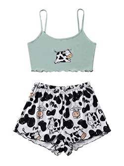 GORGLITTER Damen Cami Schlafanzug Set Spaghettiträger Crop Top Short Sets Süßer Pyjama Sommer Schlafanzüge Schlafi Schwarz und Grün L von GORGLITTER