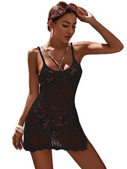 GORGLITTER Damen Cami Strandkleid Haken Bikini Cover-up Spaghettiträger Sommerkleid Strandponcho Bade Abdeckungs mit Seitenschlitz Schwarz XL von GORGLITTER