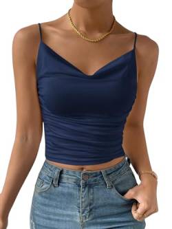 GORGLITTER Damen Cami Top Sexy Drapiertes Top Elegantes Oberteil Ärmellos Crop Tops Damen Mit Rüschen Marineblau S von GORGLITTER