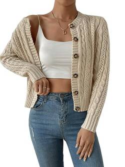 GORGLITTER Damen Cardigan Kurz Mit Knöpfen Langarm Strickjacke Herbst Winter Strickcardigan Casual Cardigan Mit Zopfstrick Aprikosenfarben L von GORGLITTER