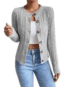 GORGLITTER Damen Cardigan Kurz Mit Knöpfen Langarm Strickjacke Herbst Winter Strickcardigan Casual Cardigan Mit Zopfstrick Hellgrau M von GORGLITTER