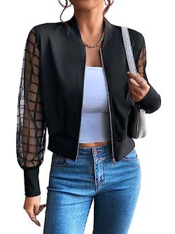 GORGLITTER Damen Casual Jacke Langarm Bomberjacke mit Netzstoff Laternenärmeln Leicht Outwear Kurz Coat Reißverschluss Herbst Frühling Schwarz S von GORGLITTER