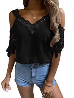 GORGLITTER Damen Cold Shoulder Blusen Spitze Ärmel T-Shirts Kurzarm V Ausschnitt Oberteil Schulterfrei Tops Bluse mit Luftspitze Schwarz M von GORGLITTER