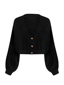 GORGLITTER Damen Crop Cardigan V-Ausschnitt Kurze Strickjacke Pullover Pulli Dünne Jacke mit Knöpfen vorne Schwarz S von GORGLITTER