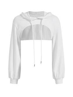 GORGLITTER Damen Crop Hoodie Pullover Sehr Kurz Sweatshirts Langarm Pulli Rundkragen Cut Outs Shirts mit Kapuze Weiß S von GORGLITTER