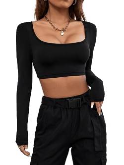 GORGLITTER Damen Crop Langarmshirt U-Ausschnitt Bauchfreies Oberteil Cropped T-Shirts Crop Tops Schwarz XS von GORGLITTER