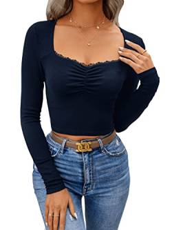 GORGLITTER Damen Crop Oberteil Herzausschnitt Langarmshirts Bauchfreies Tops T-Shirt mit Spitzenbesatz Marineblau L von GORGLITTER