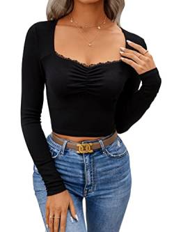 GORGLITTER Damen Crop Oberteil Herzausschnitt Langarmshirts Bauchfreies Tops T-Shirt mit Spitzenbesatz Schwarz M von GORGLITTER