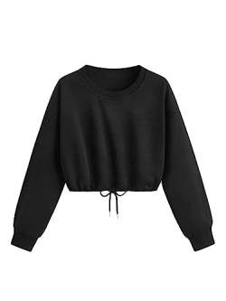 GORGLITTER Damen Crop Pulli Bauchfrei Sweatshirt Langarm Kurz Oberteile Langarmshirt Cropped Pullover mit Schnürzug Schwarz XS von GORGLITTER