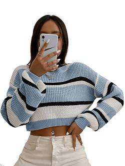 GORGLITTER Damen Crop Pullover Drop Shoulder Sweaters Farbblock Pulli Lässig Langarm Kurz Oberteile Herbst Tops Blau XS von GORGLITTER