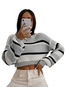 GORGLITTER Damen Crop Pullover Drop Shoulder Sweaters Farbblock Pulli Lässig Langarm Kurz Oberteile Herbst Tops Hellgrau M von GORGLITTER