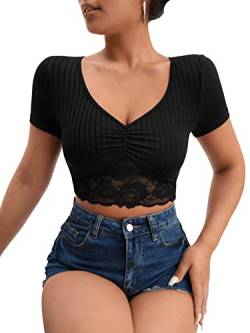 GORGLITTER Damen Crop T-Shirts Bauchfrei Kurzarm Tops mit Spizeneinsatz Sommer Cropshirt Casualshirt V Ausschnitt Schwarz L von GORGLITTER