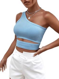 GORGLITTER Damen Crop Top Bauchfrei Sommertop Einschulterfrei Croptop Cut Outs Ärmllos T-Shirts Vest Festival Outfit Croptops für Party Blau XS von GORGLITTER