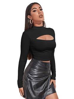 GORGLITTER Damen Crop Top Cut Outs T-Shirt Rippenstrick Oberteil Bauchfrei Langarmshirts Langarmtops Pulli mit Stehkragen Schwarz XS von GORGLITTER