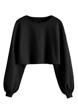 GORGLITTER Damen Crop Top Rundkragen Bauchfrei Oberteil Langarmshirt Cropped Pullover Schwarz M von GORGLITTER