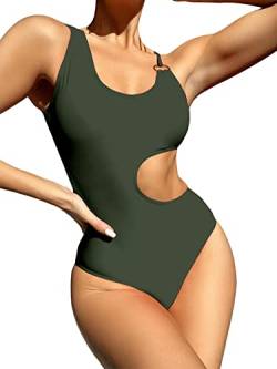 GORGLITTER Damen Cut-Out Badeanzug One Piece Swimwear Träger Einteilige Bademode mit Ring Armeegrün L von GORGLITTER