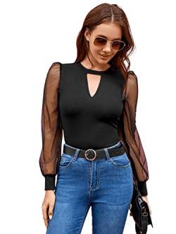 GORGLITTER Damen Cut Outs Langarmshirt Mesh-Ärmel Oberteile Slim Tops Casual Shirts Schwarz M von GORGLITTER