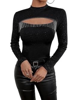 GORGLITTER Damen Cut Outs Pullover Stehkragen Langarmshirt Slim Oberteil Pulli mit Fransen Schwarz L von GORGLITTER