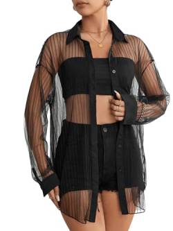 GORGLITTER Damen Durchsichtige Bluse Drop Shoulder Cadigen Knöpfen Mesh Blusen Casaul Oberteile Oversized Hemdbluse ohne Tube Top Schwarz S von GORGLITTER