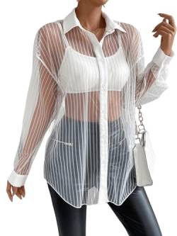 GORGLITTER Damen Durchsichtige Bluse Drop Shoulder Cadigen Knöpfen Mesh Blusen Casaul Oberteile Oversized Hemdbluse ohne Tube Top Weiß XS von GORGLITTER