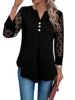 GORGLITTER Damen Elegant Bluse Mesh Ärmel Tunika Langarm Oberteil Langarmshirts Office Chiffon Blusen mit V-Ausschnitt Schwarz L von GORGLITTER