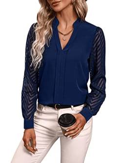 GORGLITTER Damen Elegant Blusen V-Ausschnit Oberteiel Hemdbluse Langarm Nets-Ärmel Tunika Bluse Marineblau M von GORGLITTER