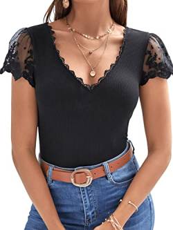 GORGLITTER Damen Elegant Body Spitzen Bodysuit Kurzarm T-Shirt Bodys Slim Damenbody V-Ausschnitt Sommer Oberteil Schwarz S von GORGLITTER