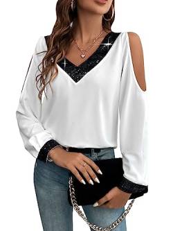 GORGLITTER Damen Elegant Langarm Bluse mit Pailletten Oberteil Cold Shoulder Tunika Langarmshirts Office Chiffonblusen V-Ausschnitt Schwarz und Weiß L von GORGLITTER