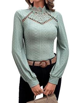 GORGLITTER Damen Elegant Langarmshirt Stehkragen Oberteiel Langarm Spitzen T-Shirt Pullover mit Laternenärmeln Minzgrün S von GORGLITTER