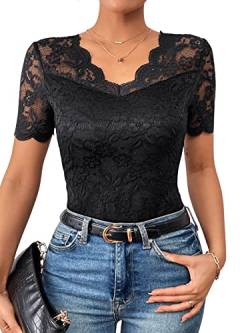 GORGLITTER Damen Elegant Spitzen T-Shirt V-Ausschnitt Oberteil Slim Fit Tops Kurzarmshirt mit Muscheln Schwarz S von GORGLITTER