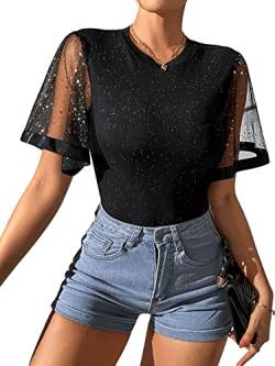 GORGLITTER Damen Elegant T-Shirt mit Glitzer Oberteil Mesh Ärmel Sommershirt Partyshirt Sommer Oberteile Rundhals Schwarz L von GORGLITTER