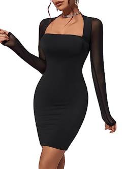 GORGLITTER Damen Figurbetontes Kleid Mesh-Ärmel Minikleid Bleistiftkleid Langarm Engers Freizeitkleid Schwarz L von GORGLITTER