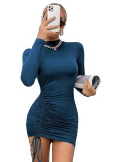 GORGLITTER Damen Figurbetontes Kleid Stehkragen Bodycon Minikleid Langarm Herbstkleid Bleistiftkleider mit Schnürzug Blau M von GORGLITTER
