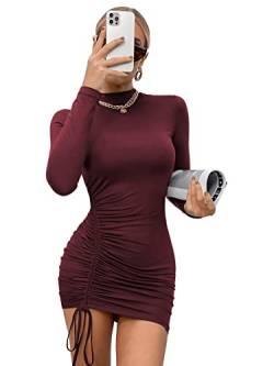 GORGLITTER Damen Figurbetontes Kleid Stehkragen Bodycon Minikleid Langarm Herbstkleid Bleistiftkleider mit Schnürzug Bordeaux L von GORGLITTER