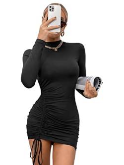 GORGLITTER Damen Figurbetontes Kleid Stehkragen Bodycon Minikleid Langarm Herbstkleid Bleistiftkleider mit Schnürzug Schwarz L von GORGLITTER