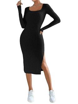 GORGLITTER Damen Figurbetontes Kleid Strickt Midikleid mit Schlitz Herbst Freizeitkleid Elegant Kleider U-Ausschnitt Schwarz XS von GORGLITTER