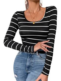 GORGLITTER Damen Gestreift Oberteil Langarm Crop Tops U-Ausschnitt Basic Langarmshirts Bauchfrei Pullover Schwarz M von GORGLITTER