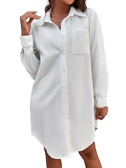 GORGLITTER Damen Hemdkleid Elegant Blusenkleid V-Ausschnitt Langarm Herbst Tunika Kleider Freizeitkleid Knöpfen Hemdenkleid Weiß L von GORGLITTER
